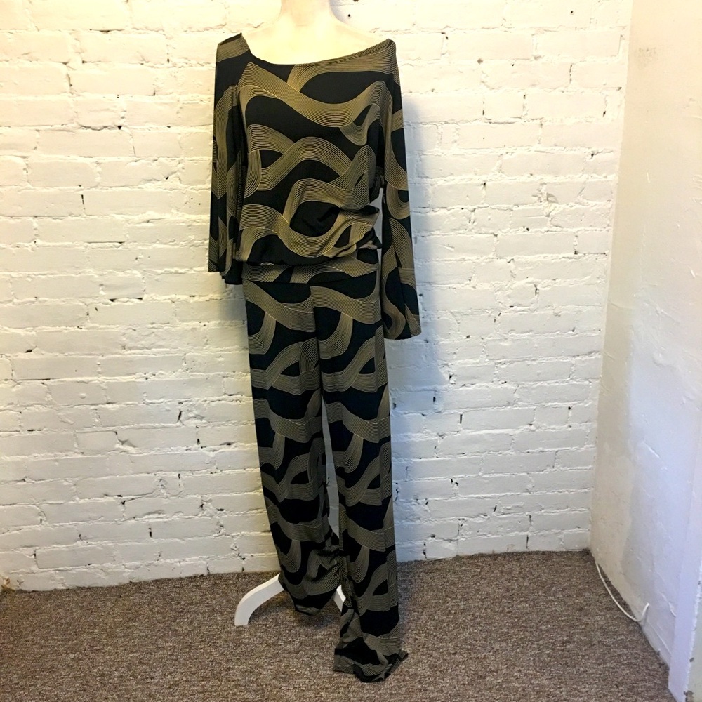 Julian Chang wide sleeve jumpsuit wave print black jersey size m